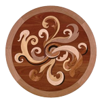 A circular wooden floor with swirling design on it.